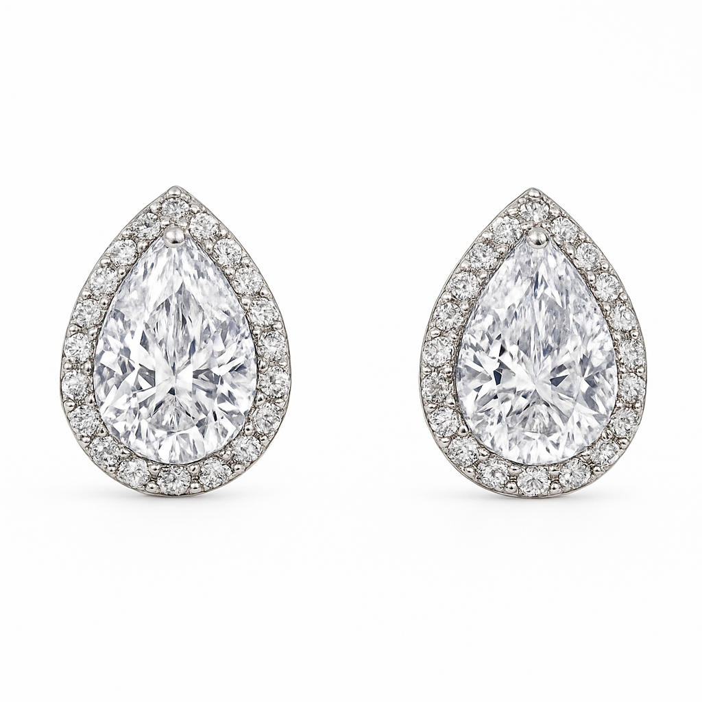 Pear Teardrop Halo CZ Stud Earrings | 18k White Gold Stainless | Hypoallergenic
