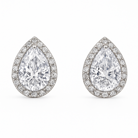 Pear Teardrop Halo CZ Stud Earrings | 18k White Gold Stainless | Hypoallergenic