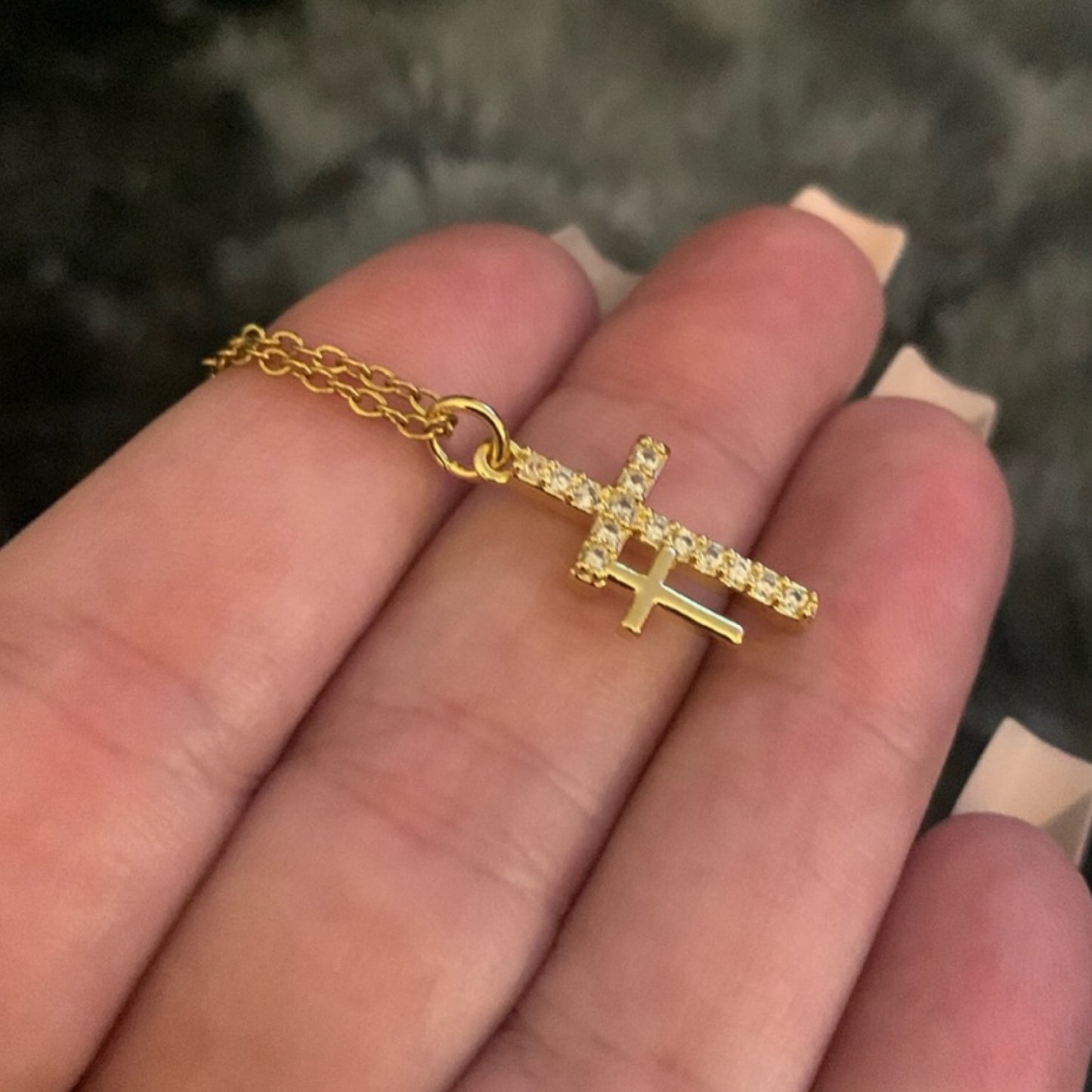 Tiny Gold CZ Covered Double Cross Necklace