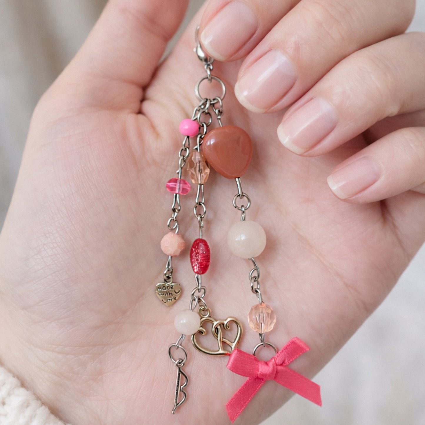 Pink Heart Bow Arrow Beaded Charm - Bag Charm Keychain Zipper Pull