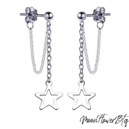 Silver Star Hanging Chain Dangly Earrings