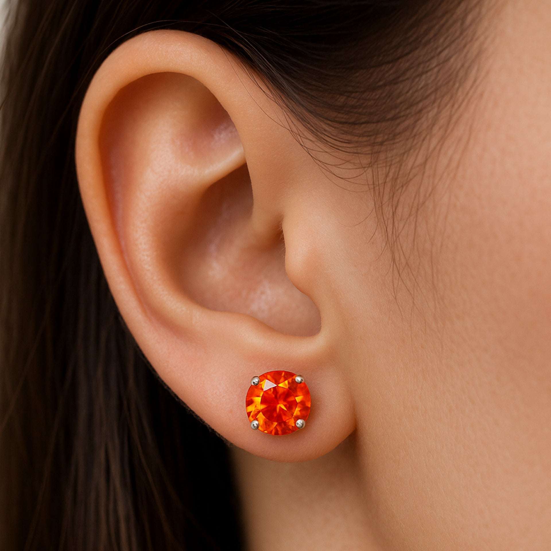 6mm Orange Red CZ Stud Earrings – Stainless Steel Hypoallergenic Post