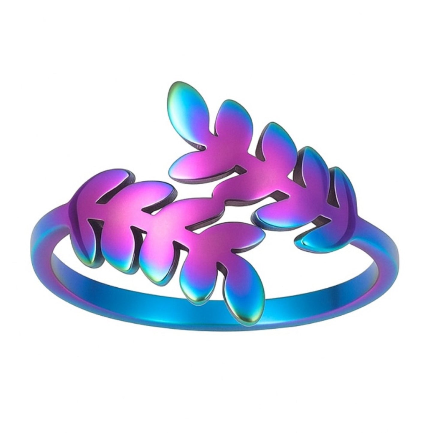 Rainbow Titanium Leaf Ring | Adjustable Boho Statement Jewelry | Festival Y2K