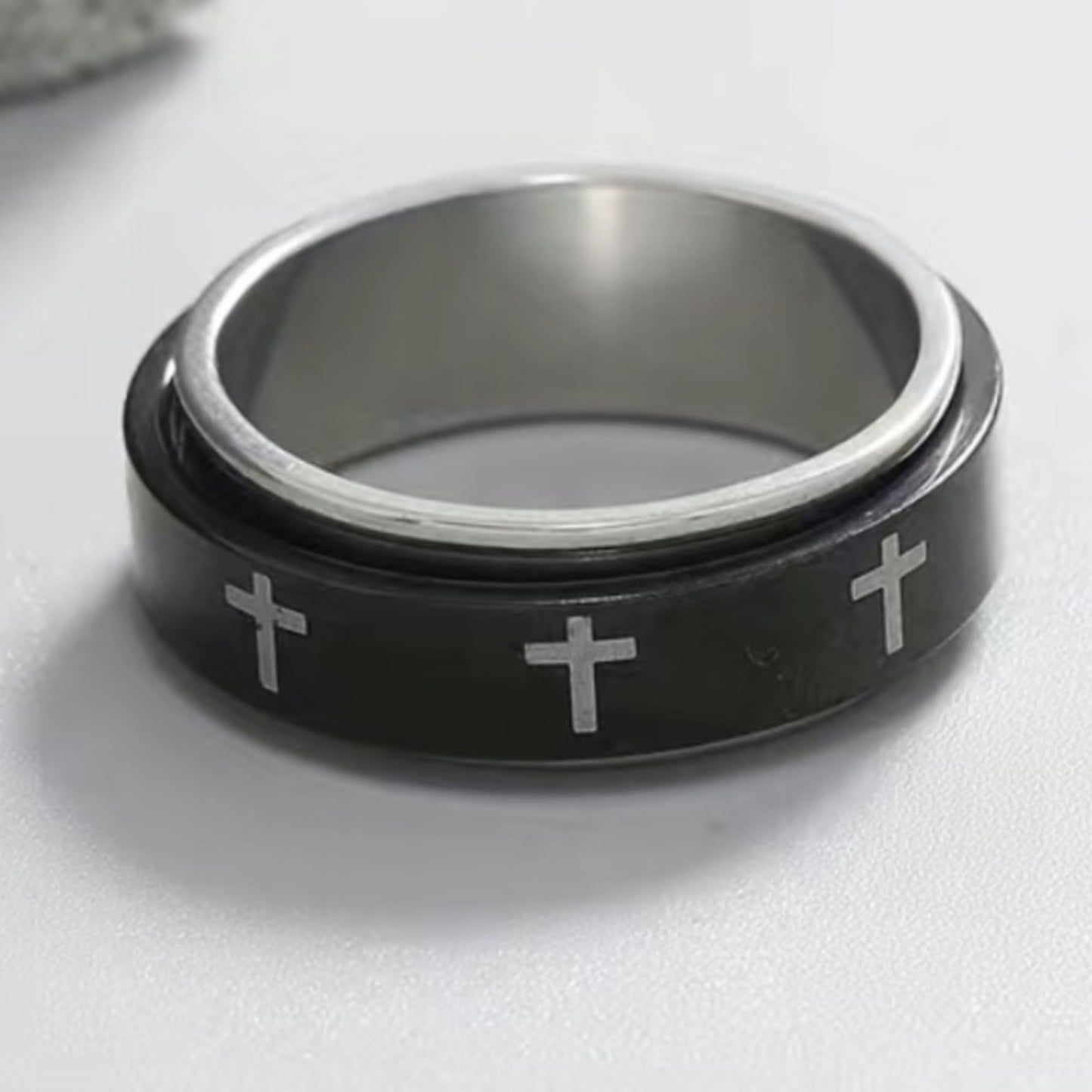 Black Cross Spinner Ring – Stainless Steel Fidget Band