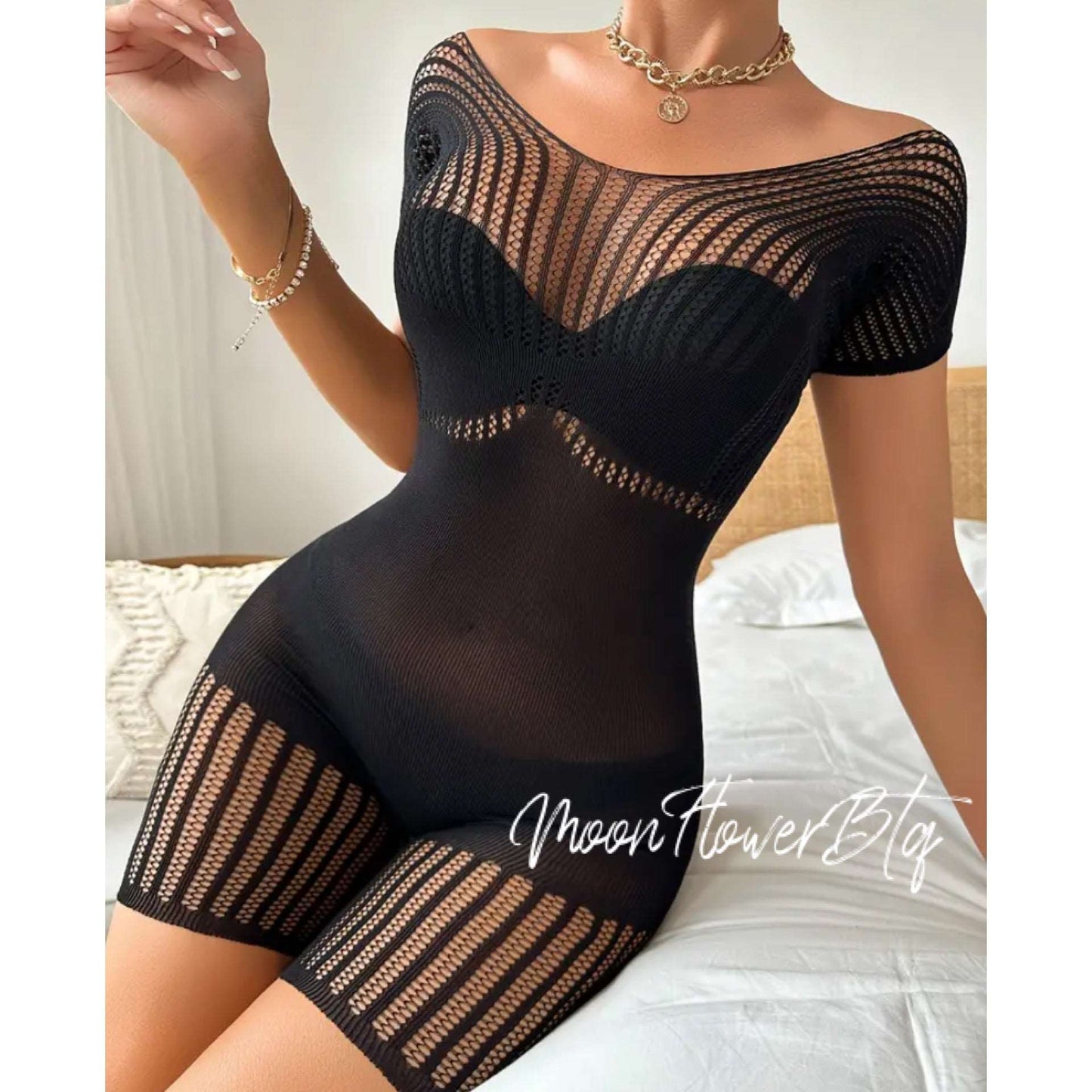 Black Fishnet Mesh One Piece Bodysuit