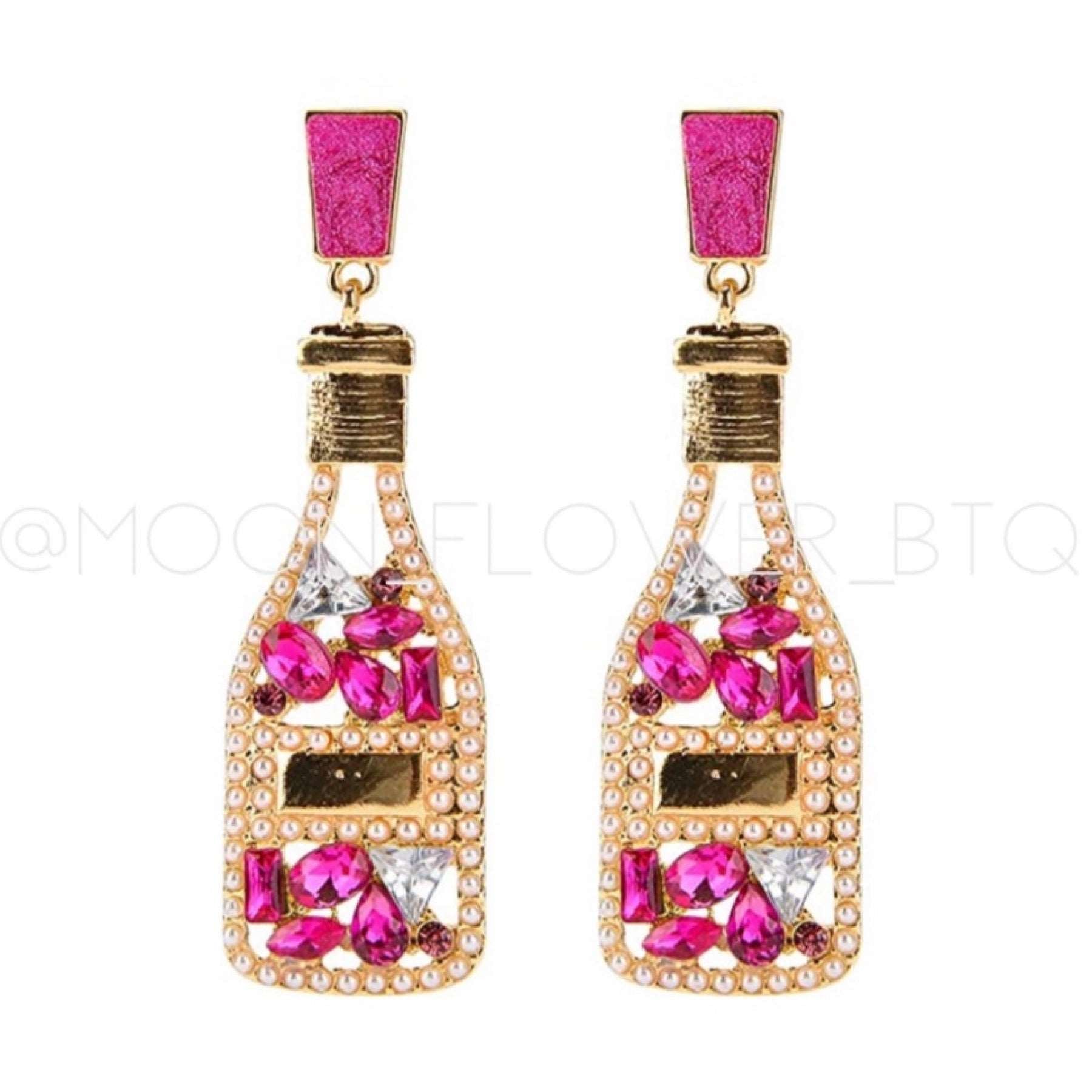 Fuchsia Champagne Bottle Dangly Earrings