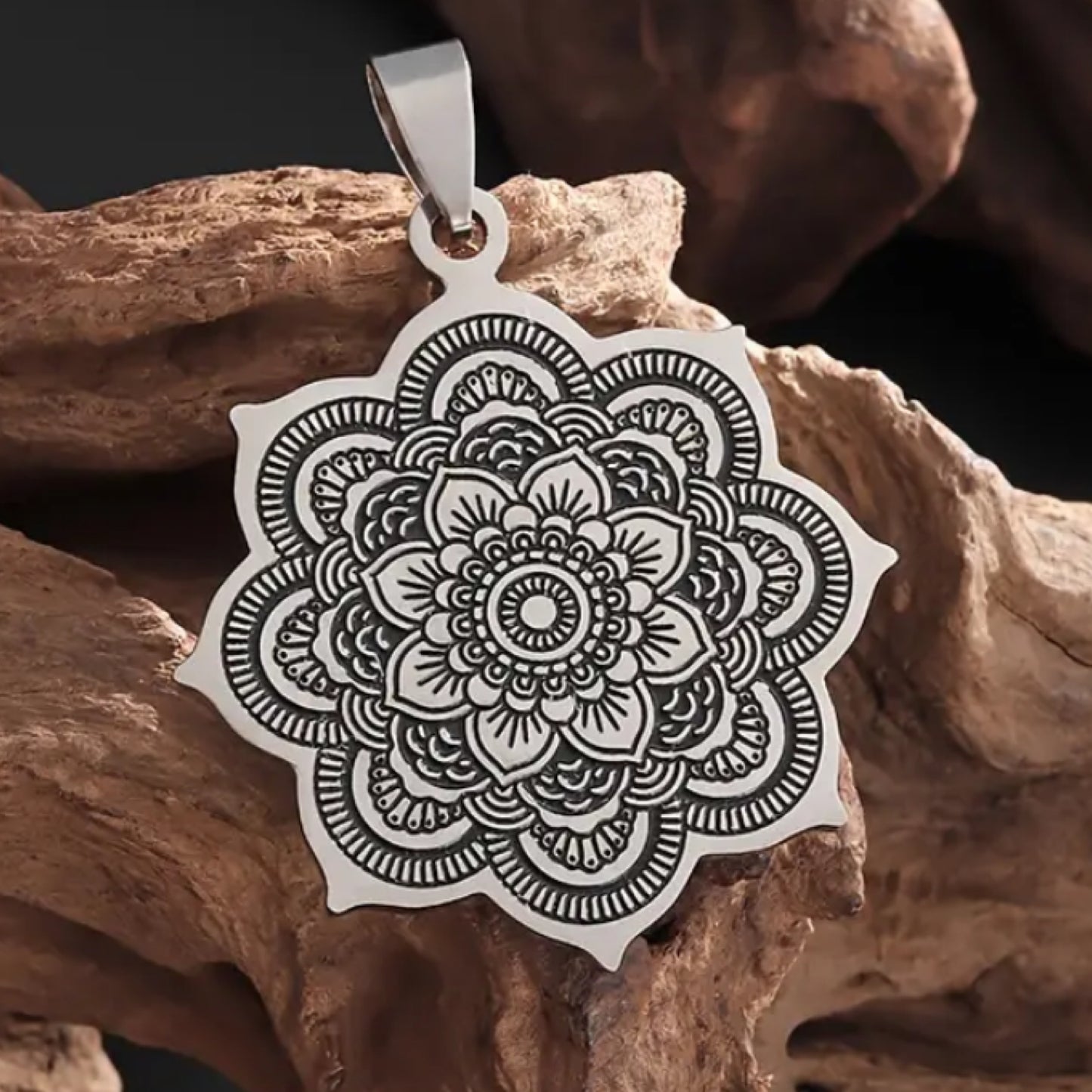 Silver Boho Mandala Flower Pendant Necklace