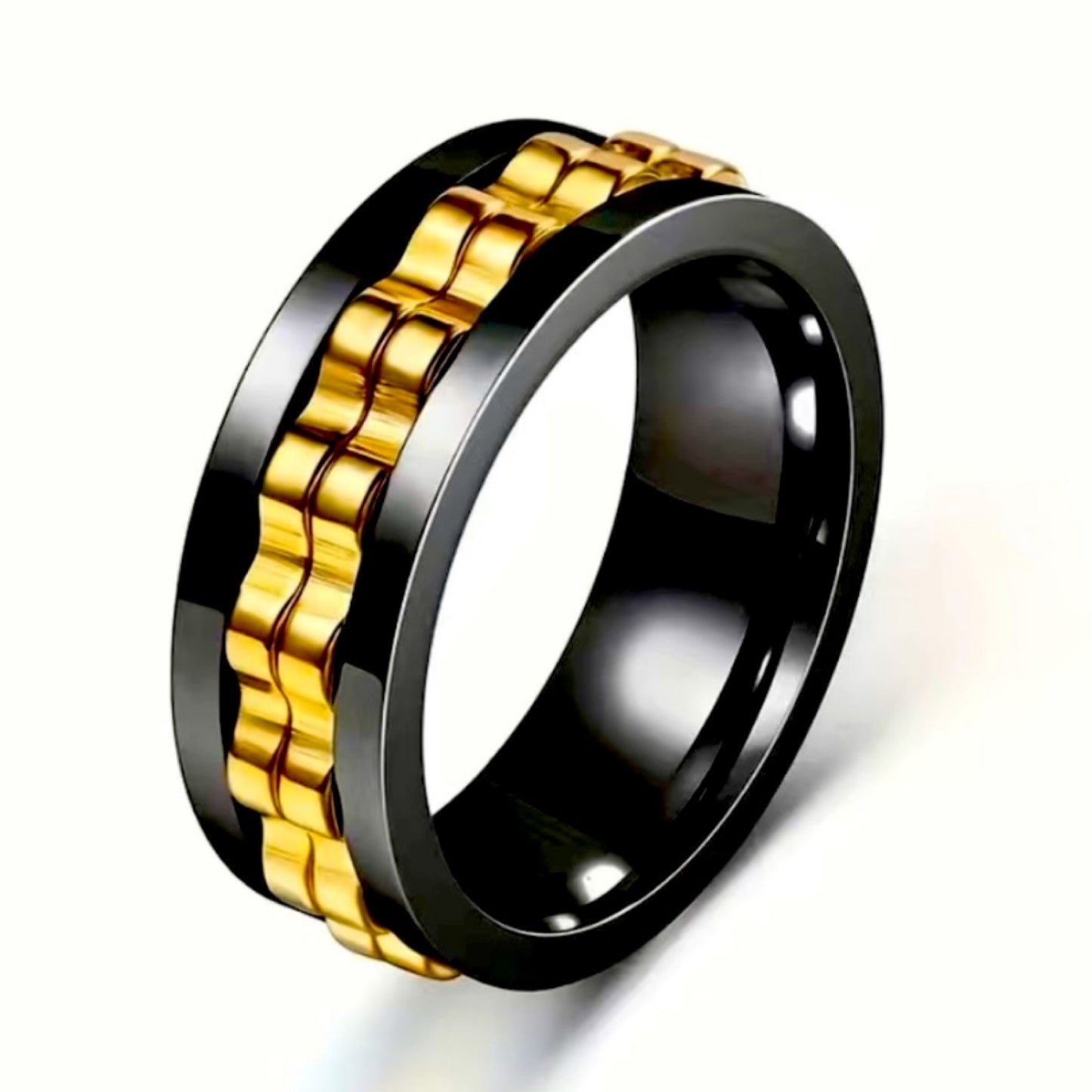 Men’s Black Stainless Steel Spinner Ring with Gold Gear Inlay – 8mm Band