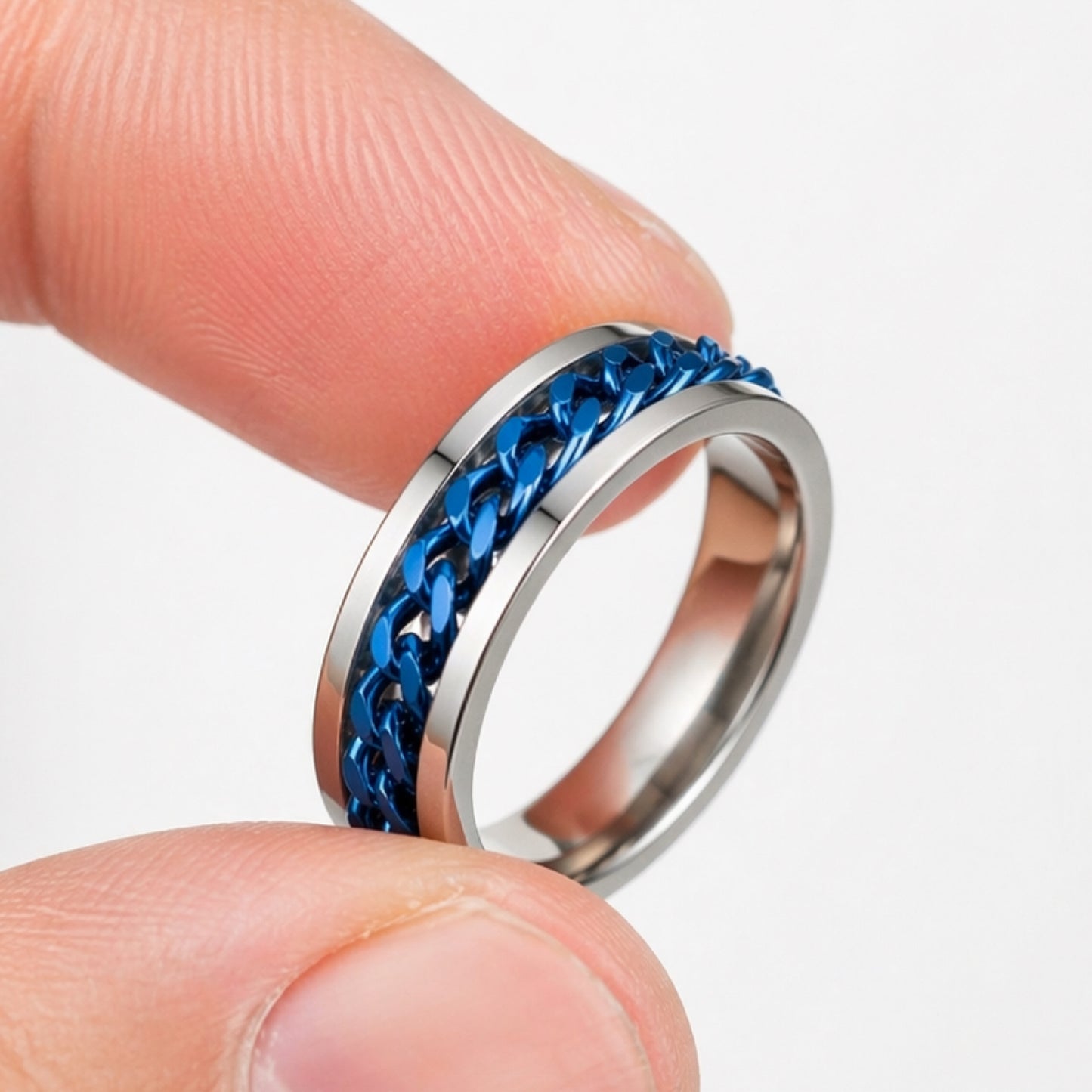 Blue Chain Fidget Spinner Ring Stainless Steel