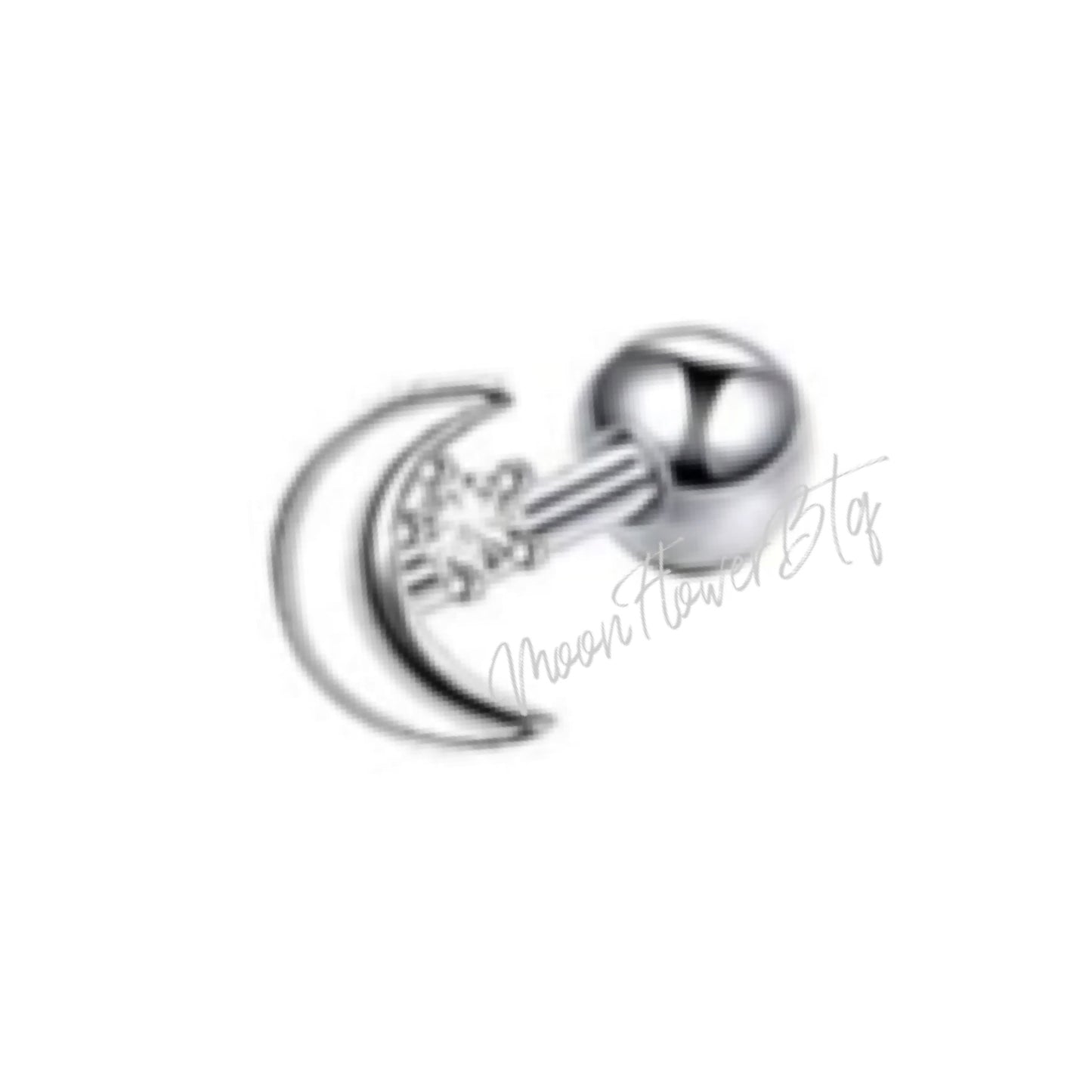 Silver CZ Moon Stainless Steel Barbell Earring