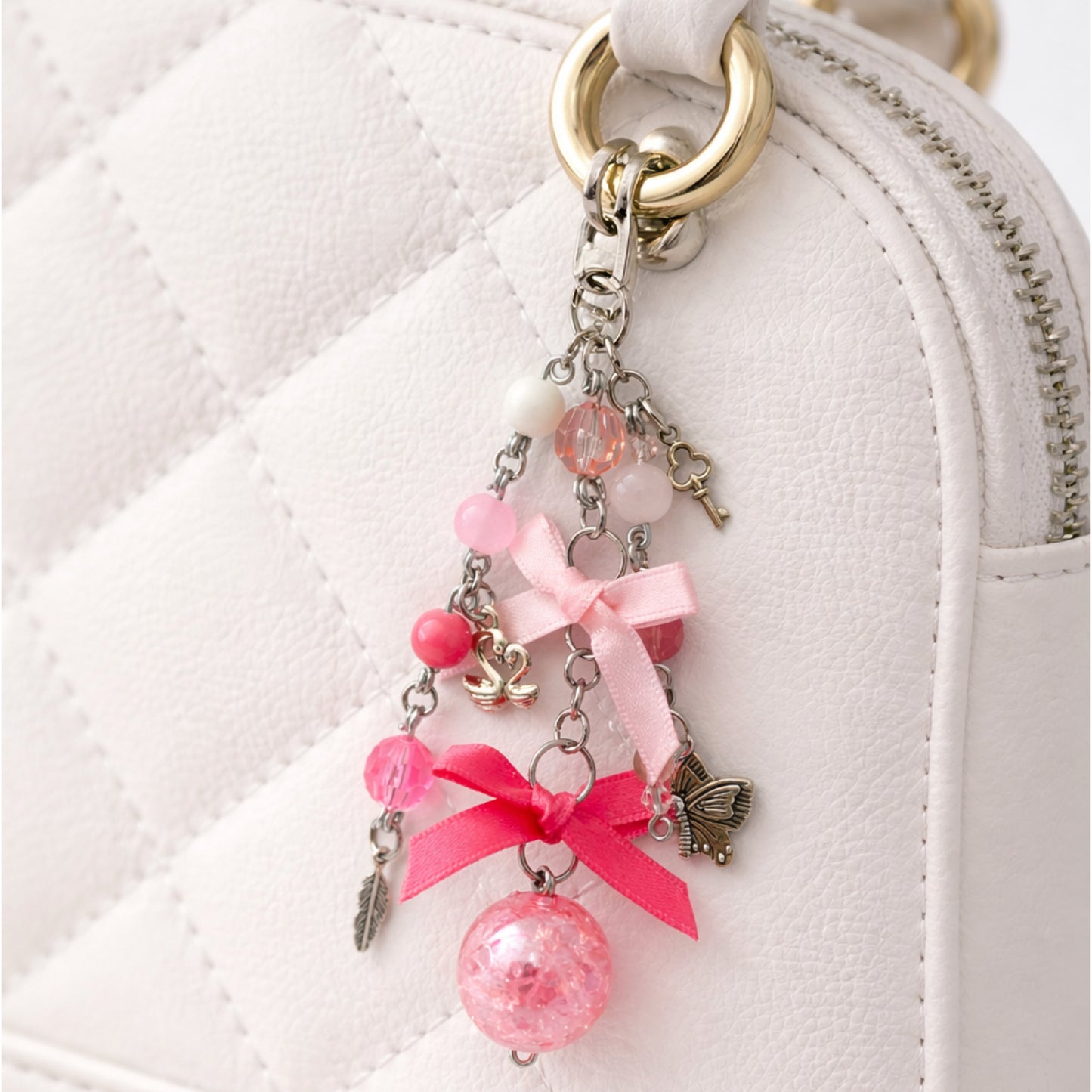 Pink Bow Butterfly Beaded Charm - Keychain Bag Charm Zipper Pull