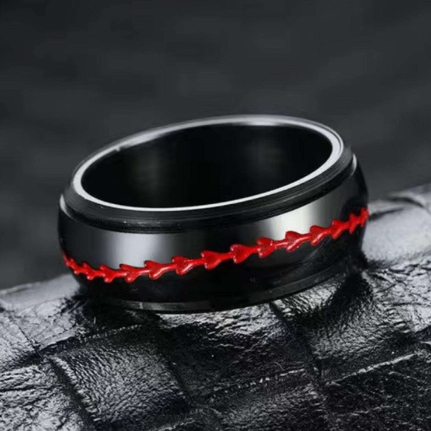 Black Red Baseball Stitch Stainless Steel Anxiety Fidget Spinner Ring