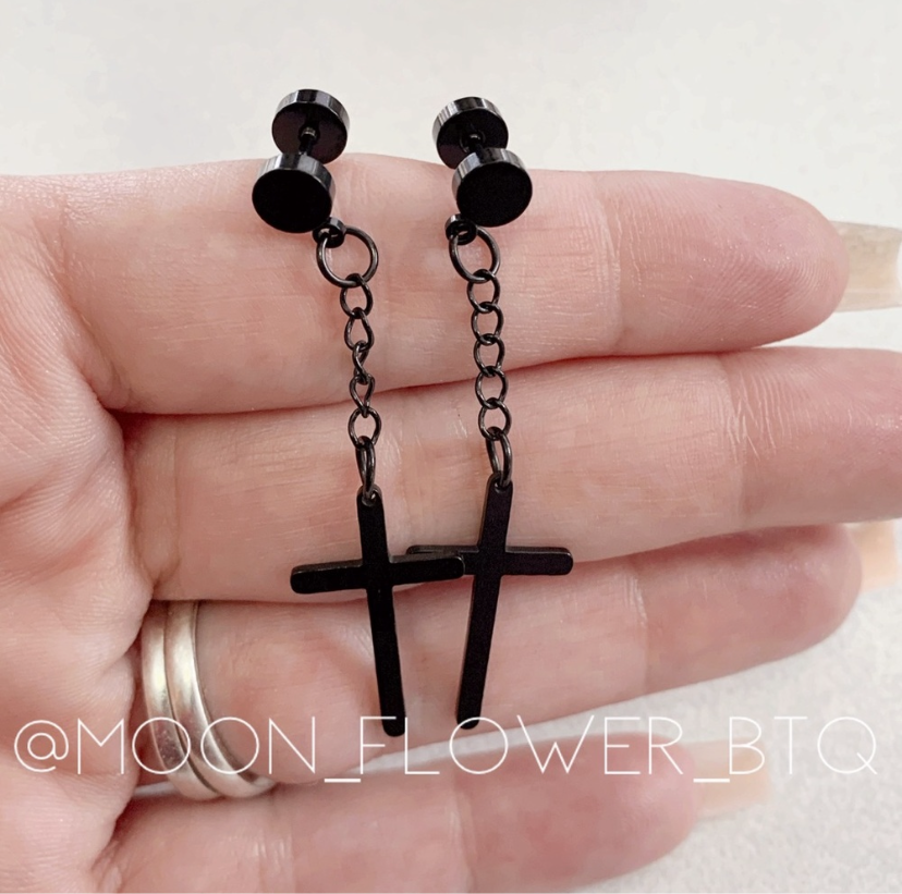 Black Dangly Cross Earrings