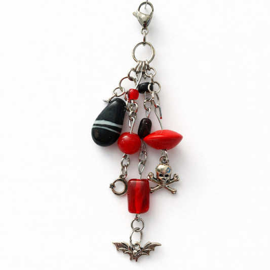 Red Black Goth Skull Bat Moon Charm - Keychain Bag Charm Zipper Pull
