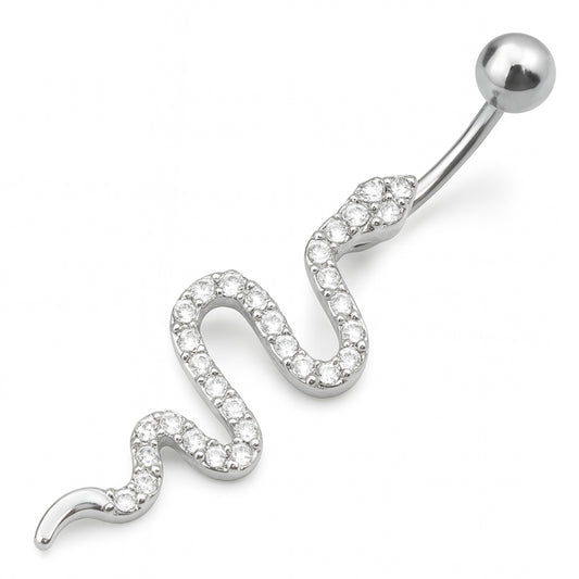 Silver Rhinestone Snake Belly Button Ring • CZ Snake Navel Piercing •