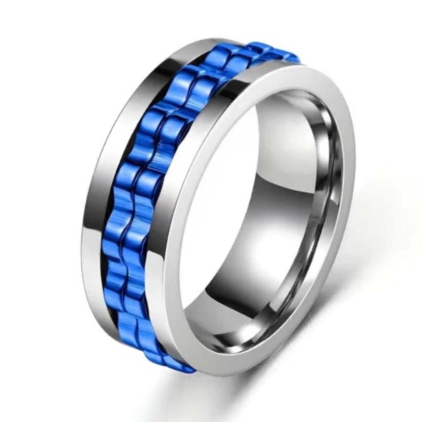 Silver & Blue Spinning Gears Anxiety Fidget Ring