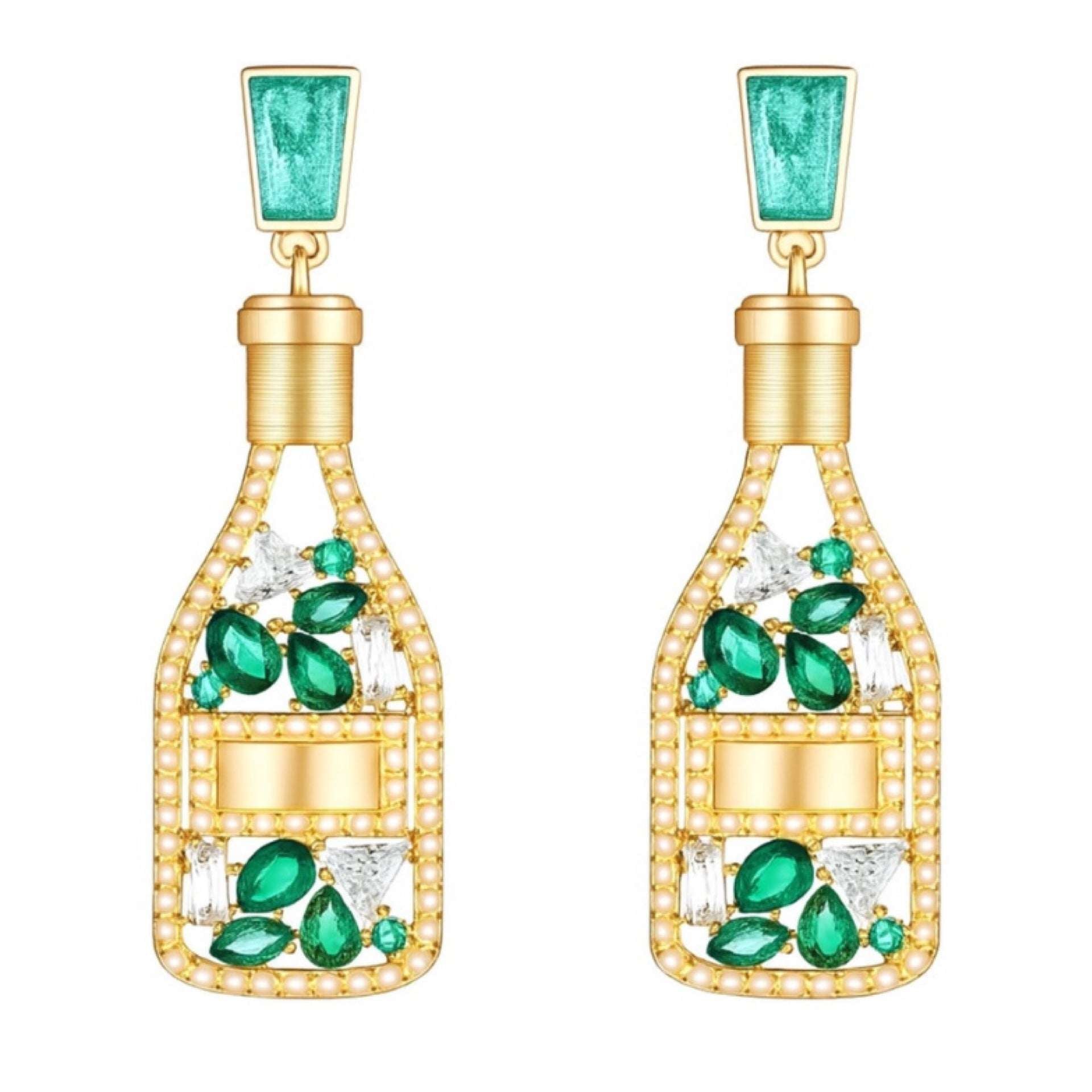 Champagne Bottle Earrings with Emerald Green Crystals – Statement Dangle Jewelry