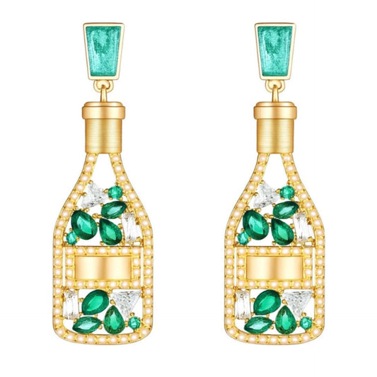 Champagne Bottle Earrings with Emerald Green Crystals – Statement Dangle Jewelry