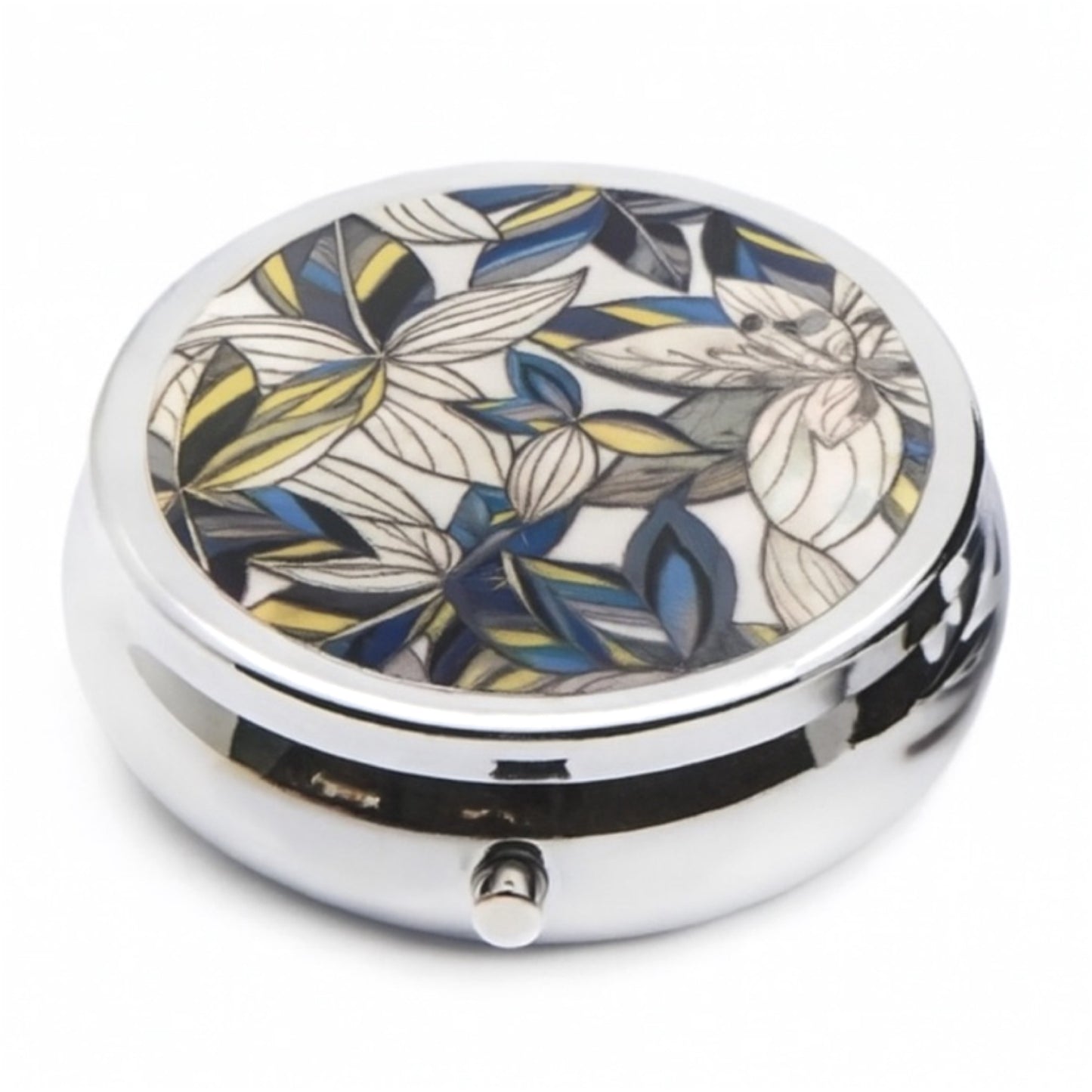 Floral Pattern Chrome Pill Box with Mirror and 3-Compartment Organizer