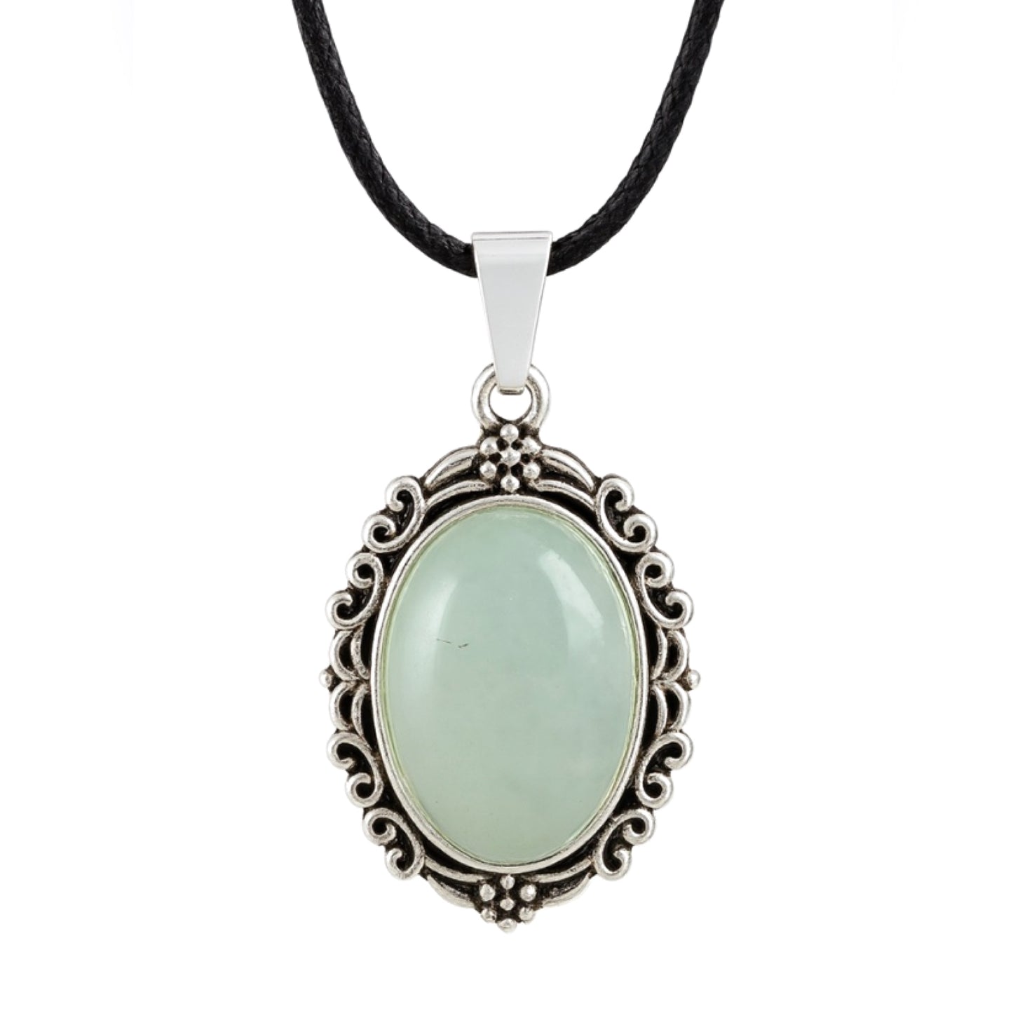 Vintage Pale Green Gemstone Pendant Necklace on Black Cord – Gothic Lace Style