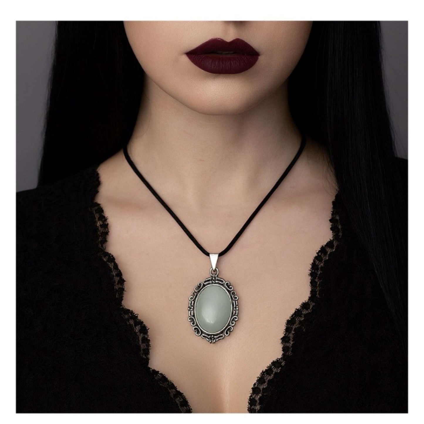 Vintage Pale Green Gemstone Pendant Necklace on Black Cord – Gothic Lace Style