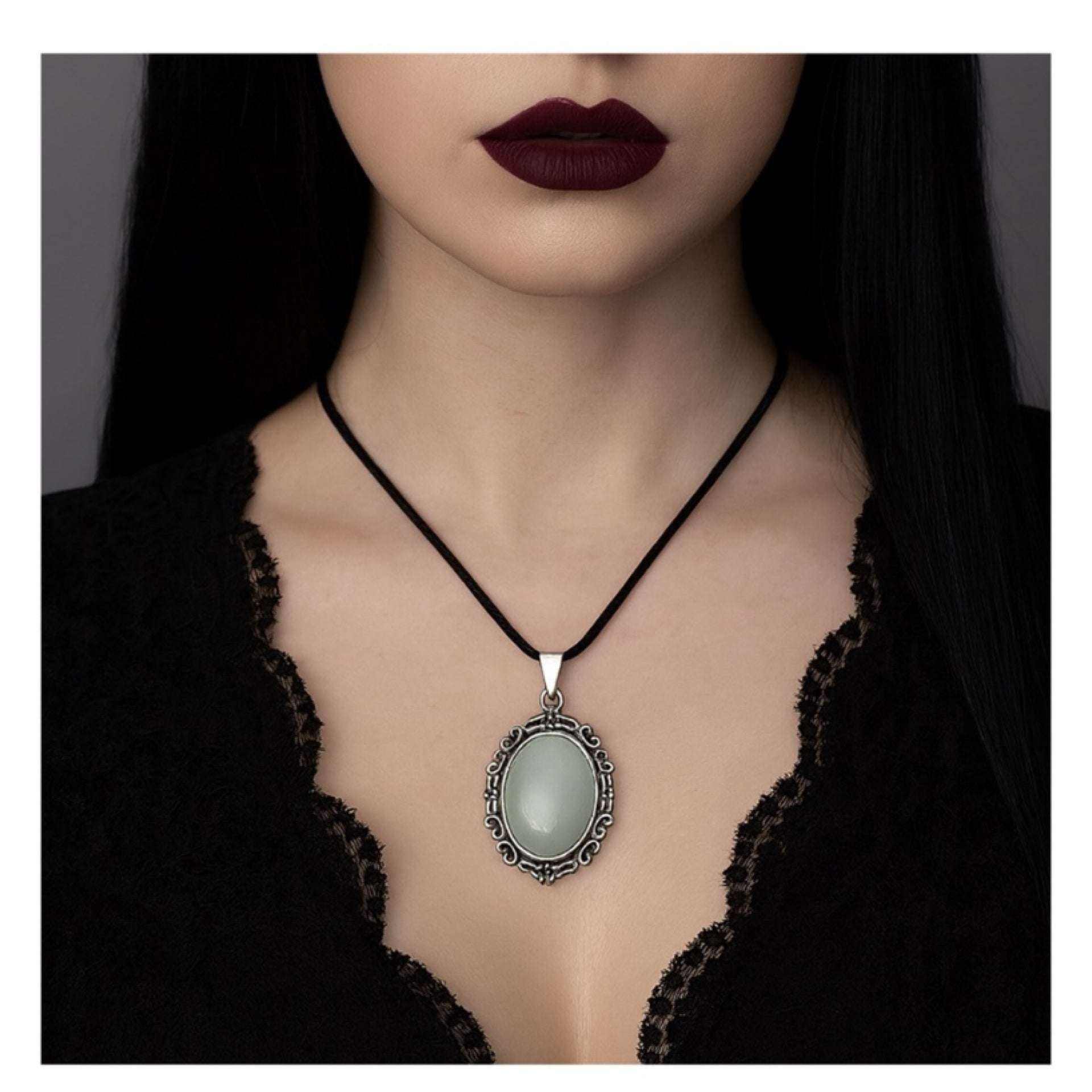Vintage Pale Green Gemstone Pendant Necklace on Black Cord – Gothic Lace Style