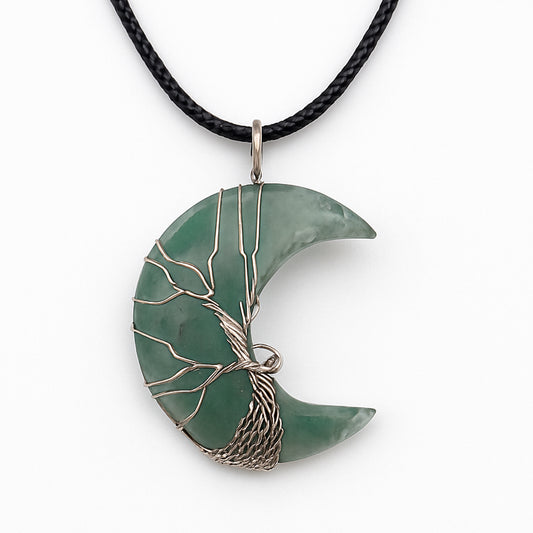 Green Aventurine Crescent Moon Necklace – Tree of Life Wire Wrap, Black Cord