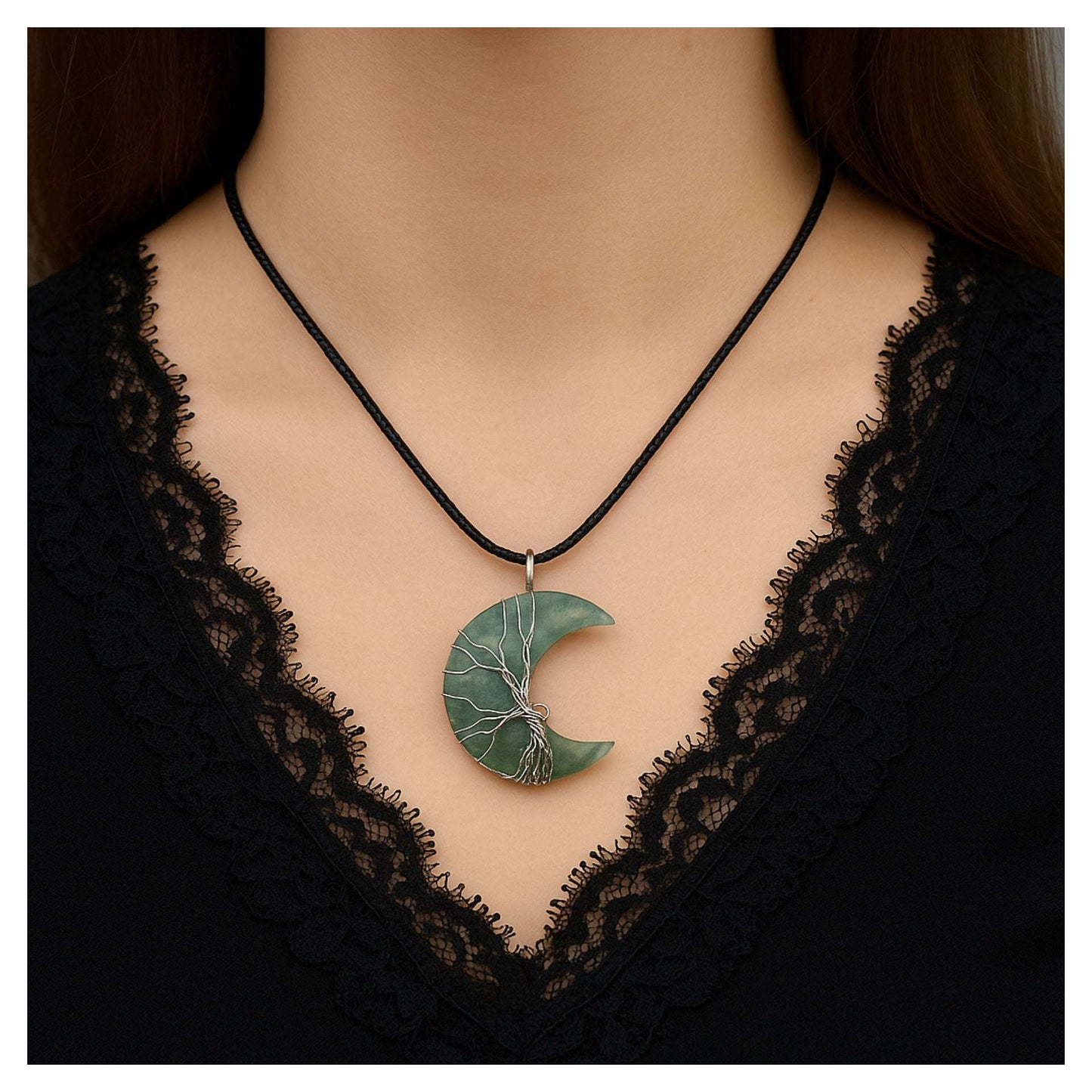 Green Aventurine Crescent Moon Necklace with Tree of Life Wire Wrap