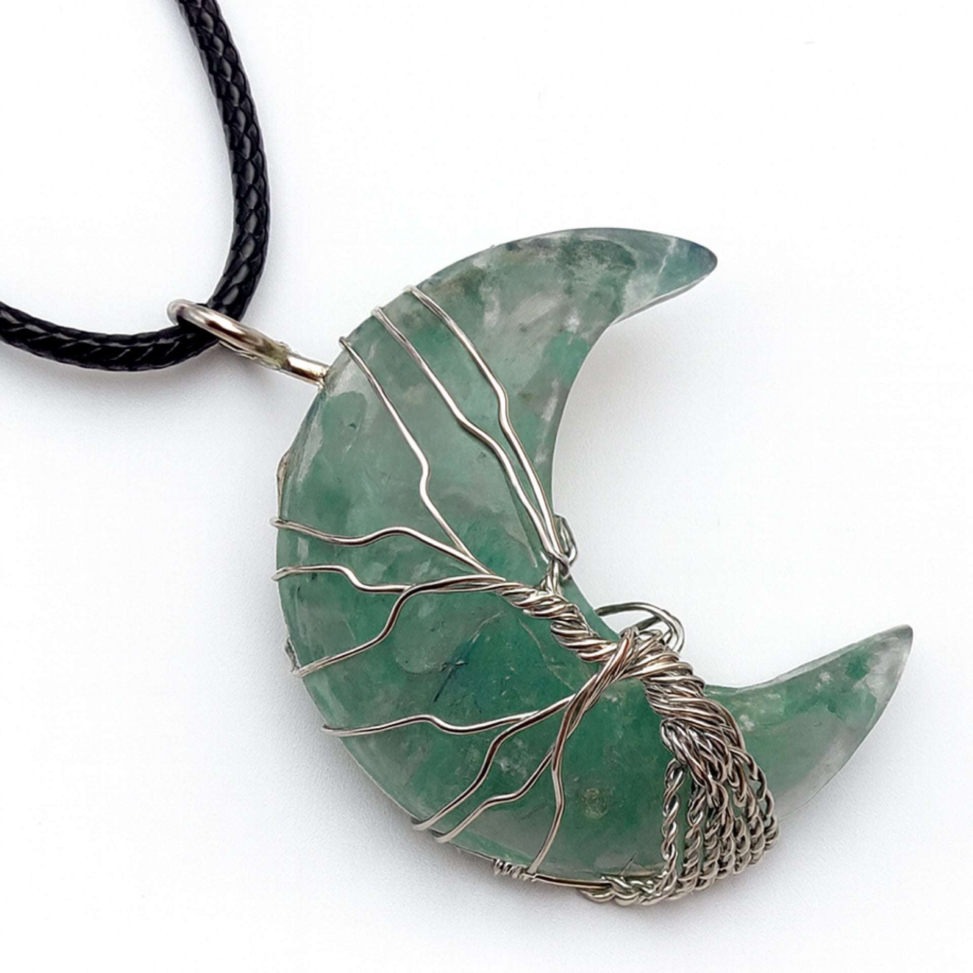 Green Aventurine Crescent Moon Necklace with Tree of Life Wire Wrap