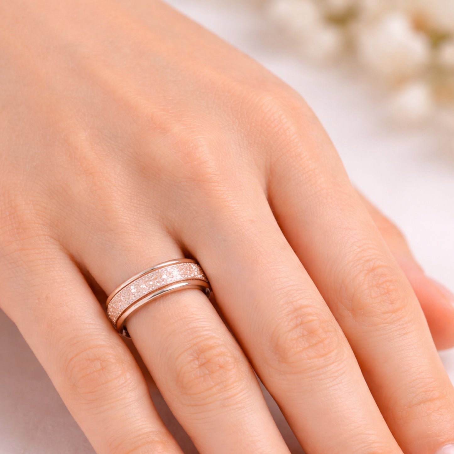 Rose Gold Stainless Steel Spinner Ring – Textured Fidget Band