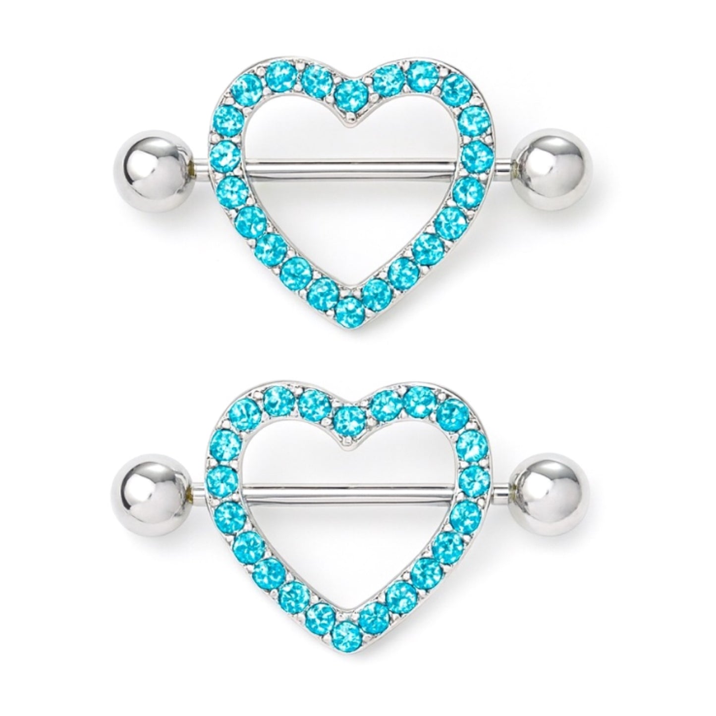Blue Rhinestone Heart Nipple Rings – Sparkly Barbell Piercing Jewelry 14g