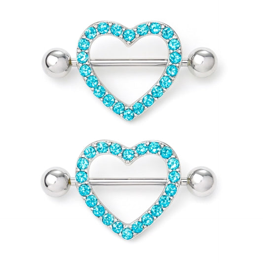 Blue Rhinestone Heart Nipple Rings – Sparkly Barbell Piercing Jewelry 14g
