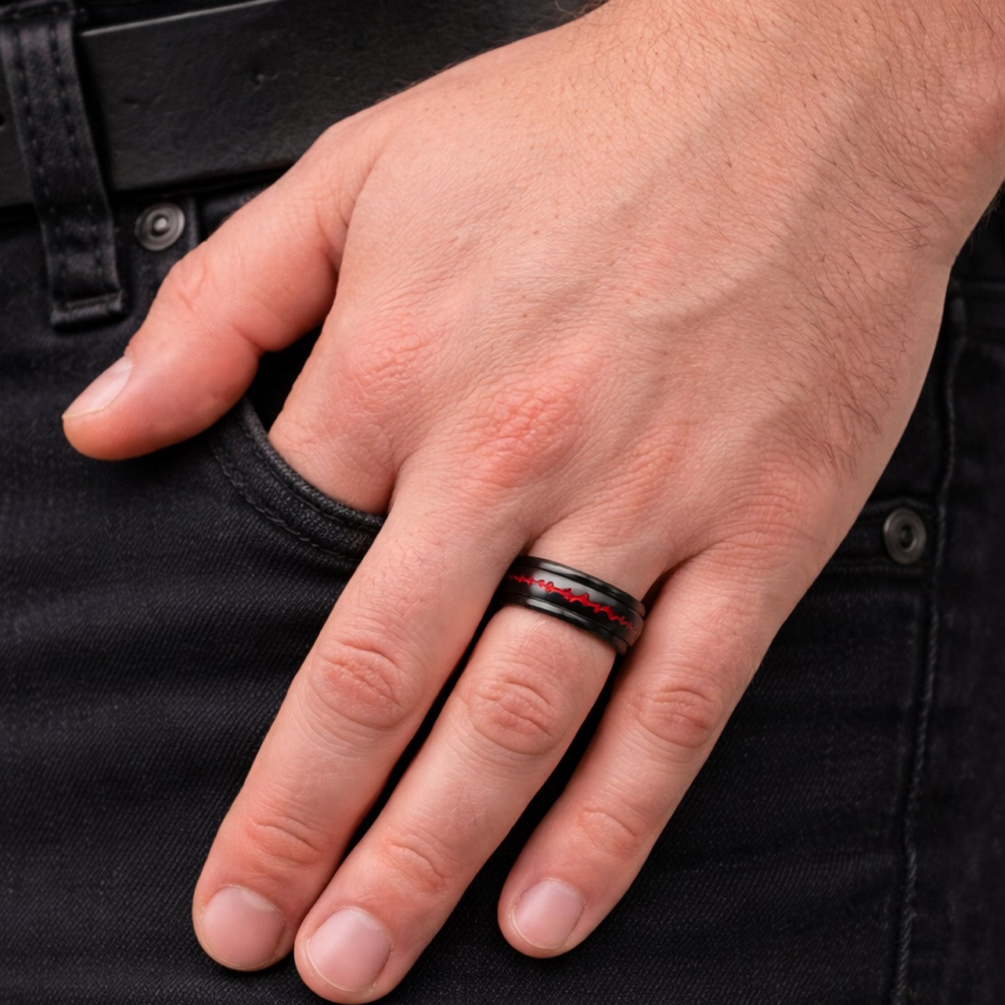 Black Stainless Steel Spinner Ring – Red Baseball Stitch Band