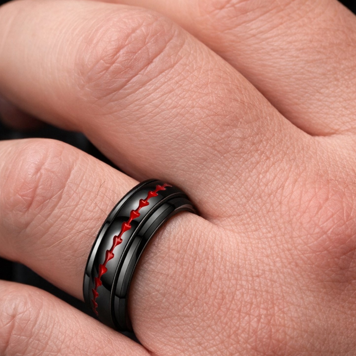 Black Stainless Steel Spinner Ring – Red Baseball Stitch Band