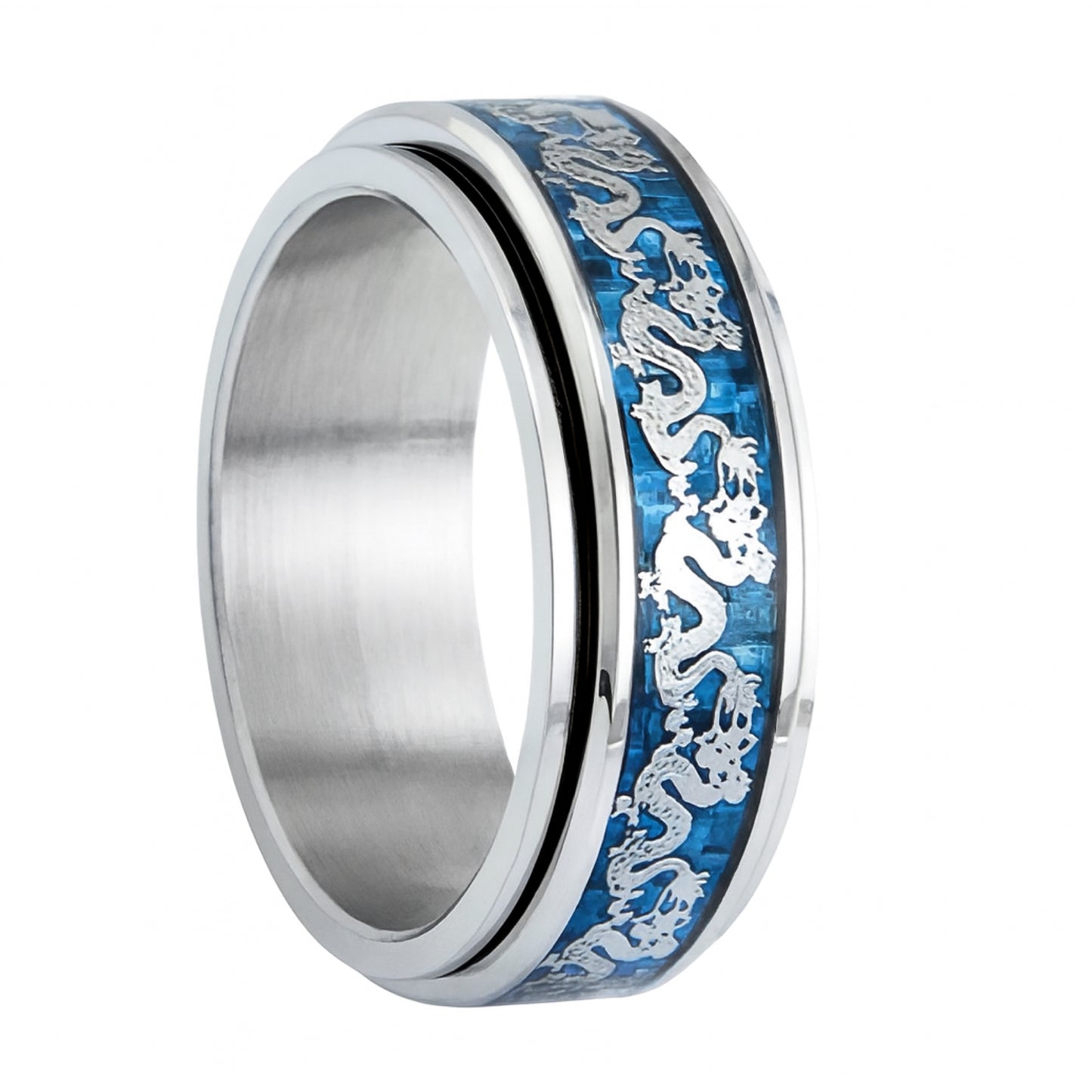 Men’s Stainless Steel Dragon Spinner Ring with Blue Carbon Fiber Inlay