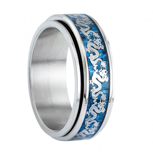 Men’s Stainless Steel Dragon Spinner Ring with Blue Carbon Fiber Inlay