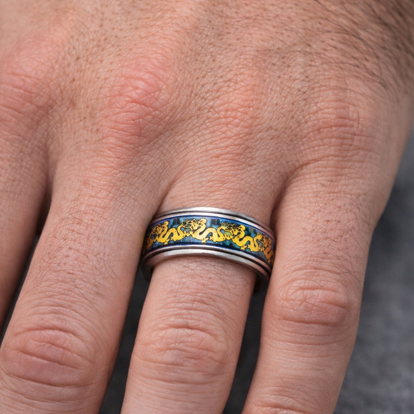 Stainless Steel Blue Inlay Ring with Gold Dragon Design