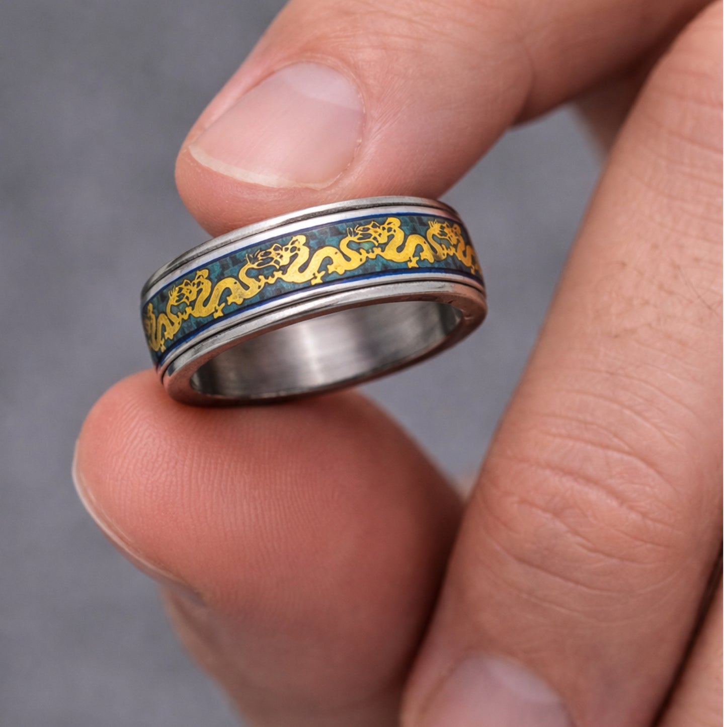Stainless Steel Blue Inlay Ring with Gold Dragon Design