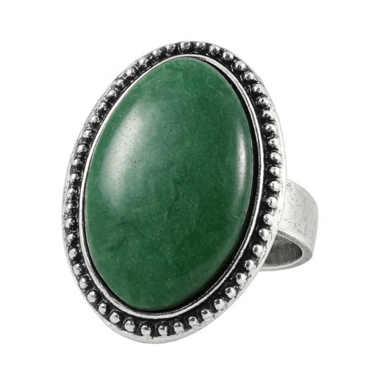 Green Oval Stone Statement Ring – Adjustable Boho Vintage Style