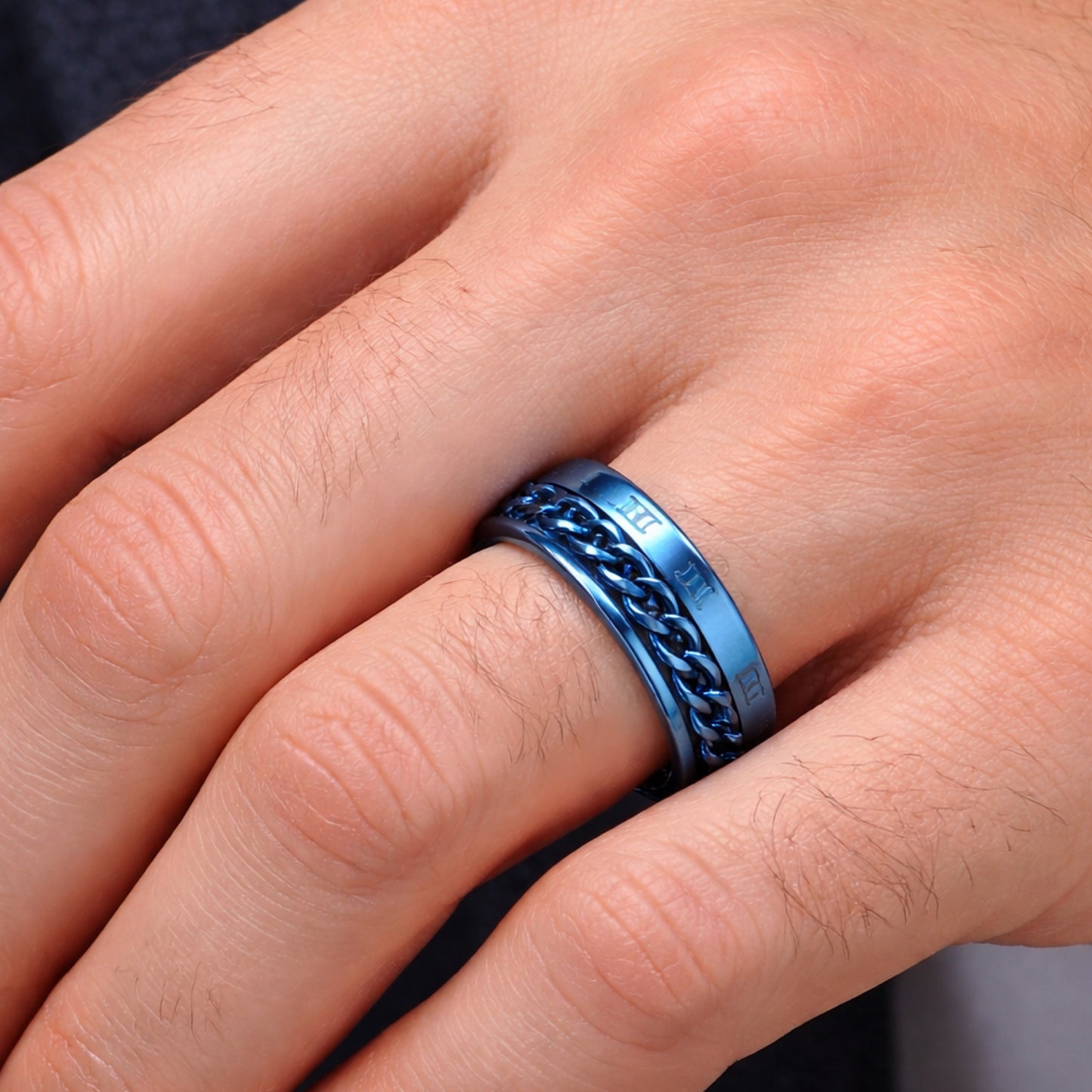 Blue Stainless Steel Chain Spinner Ring Roman Numeral Band