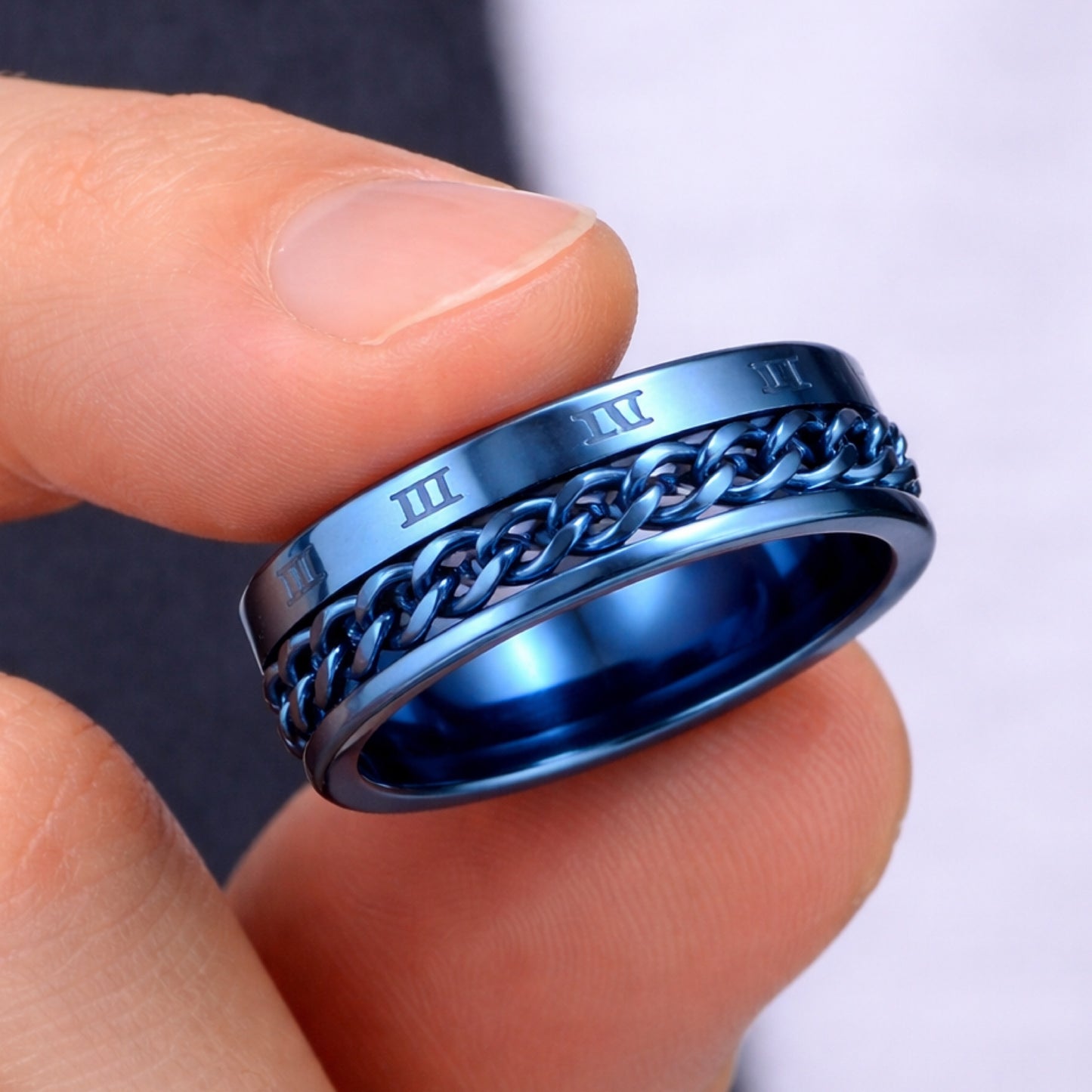 Blue Stainless Steel Chain Spinner Ring Roman Numeral Band