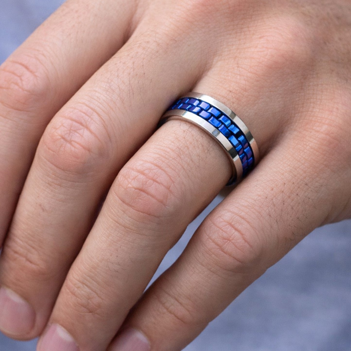 Stainless Steel Blue Gear Spinner Ring – Silver Band
