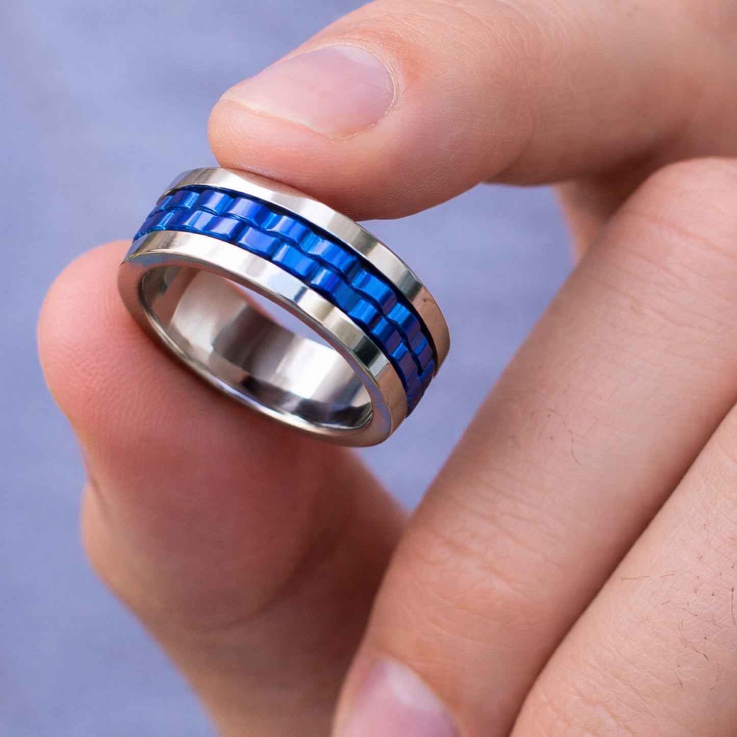 Stainless Steel Blue Gear Spinner Ring – Silver Band