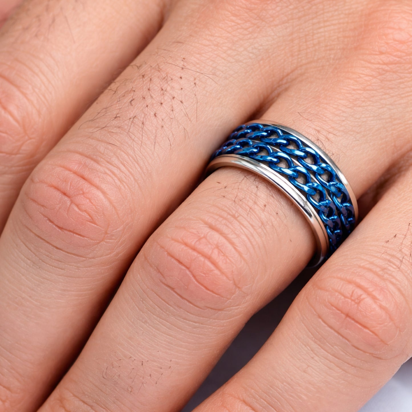 Blue Double Chain Spinner Ring – Stainless Steel Silver Band
