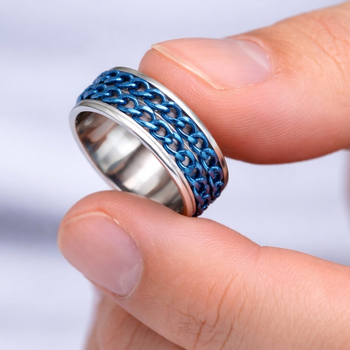 Blue Double Chain Spinner Ring – Stainless Steel Silver Band