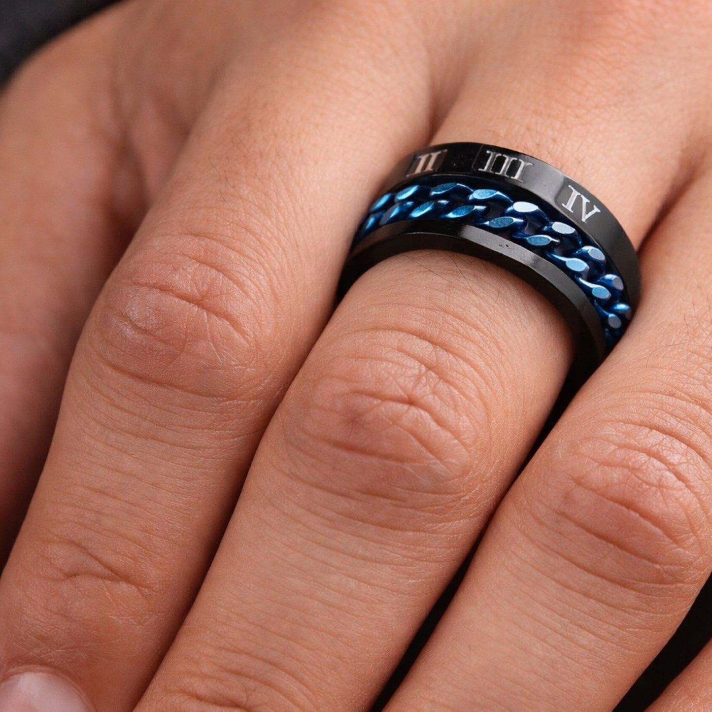 Black Stainless Steel Roman Numeral Blue Chain Spinner Ring