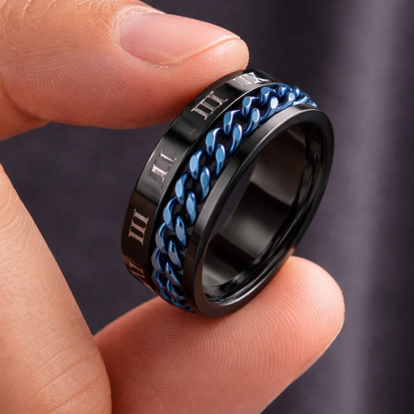 Black Stainless Steel Roman Numeral Blue Chain Spinner Ring