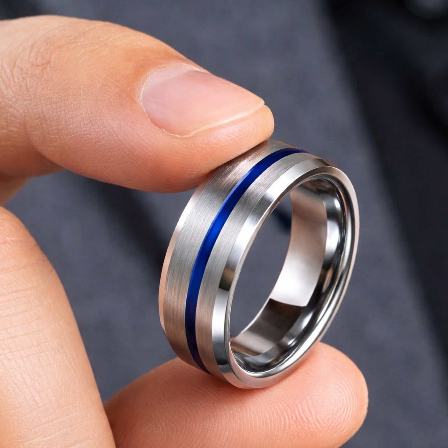 Stainless Steel Blue Groove Ring – Brushed Silver Comfort Fit Band