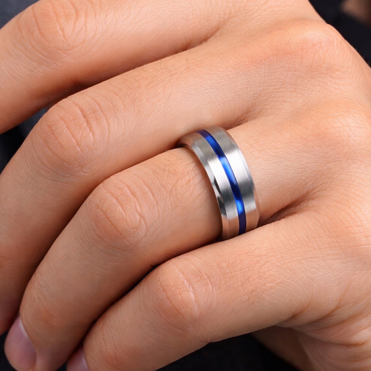Stainless Steel Blue Groove Ring – Brushed Silver Comfort Fit Band