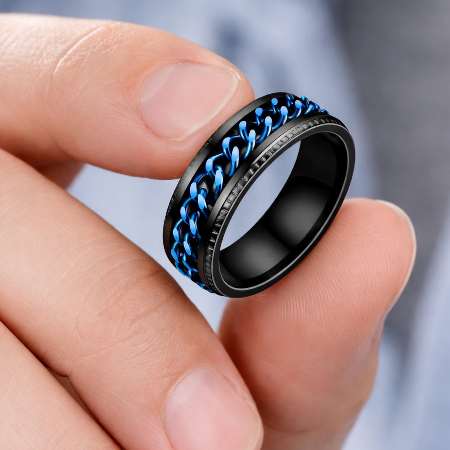 Black Stainless Steel Ring with Blue Chain Inlay – Spinning Chain